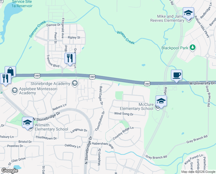 map of restaurants, bars, coffee shops, grocery stores, and more near 1725 Freedom Drive in McKinney
