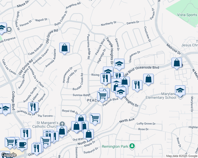map of restaurants, bars, coffee shops, grocery stores, and more near 4742 Rim Rock Road in Oceanside