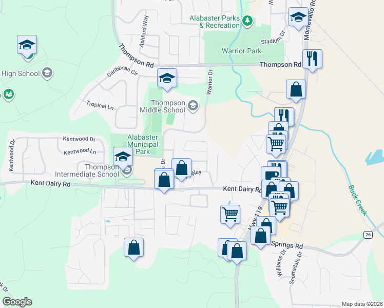 map of restaurants, bars, coffee shops, grocery stores, and more near 180 Park Place Lane in Alabaster