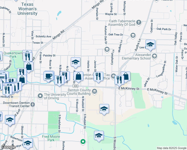 map of restaurants, bars, coffee shops, grocery stores, and more near 421 Jannie Street in Denton