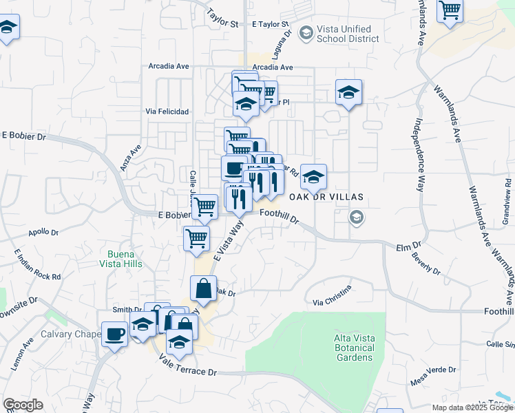 map of restaurants, bars, coffee shops, grocery stores, and more near 1213 East Vista Way in Vista