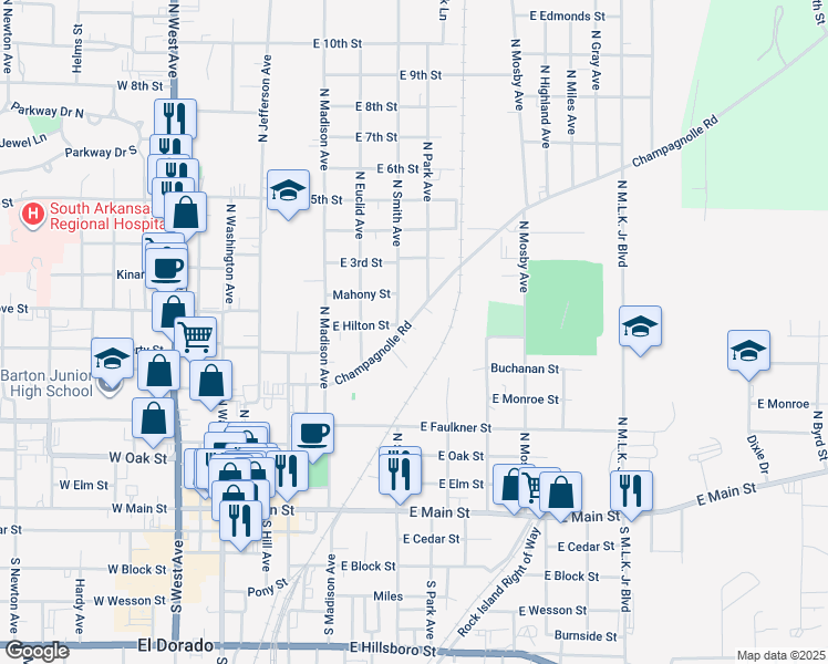 map of restaurants, bars, coffee shops, grocery stores, and more near 711 Champagnolle Road in El Dorado