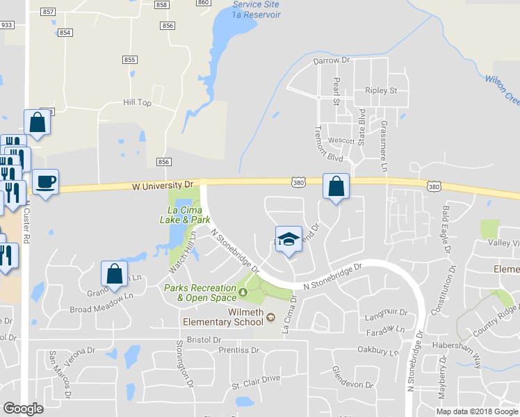 map of restaurants, bars, coffee shops, grocery stores, and more near 1905 La Cima Drive in McKinney