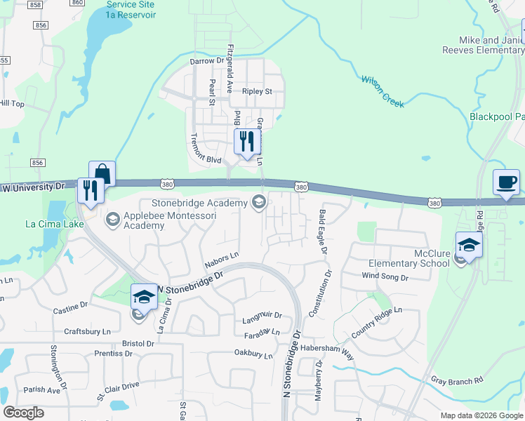 map of restaurants, bars, coffee shops, grocery stores, and more near 1950 Grassmere Lane in McKinney