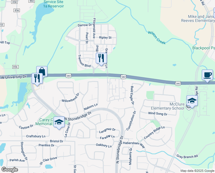 map of restaurants, bars, coffee shops, grocery stores, and more near 1931 Grassmere Lane in McKinney