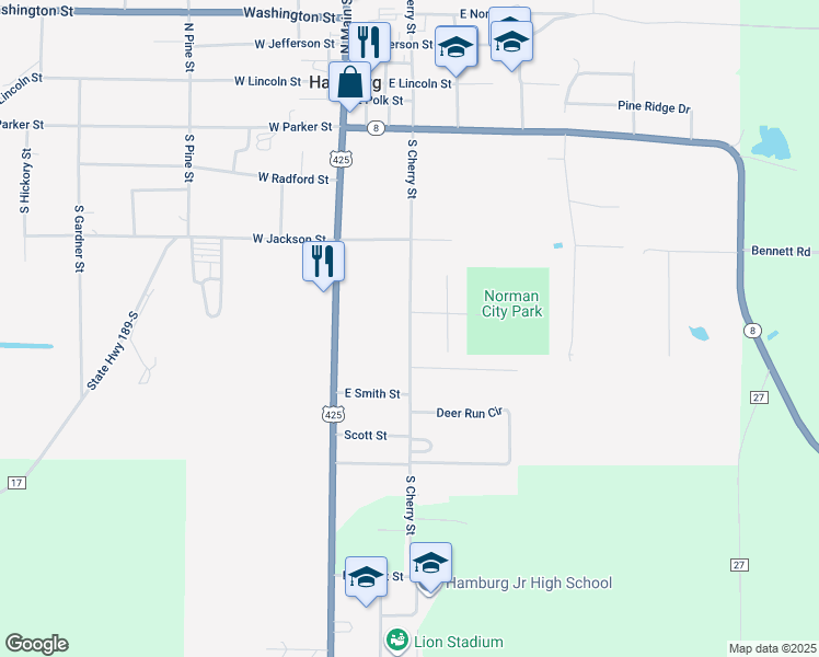 map of restaurants, bars, coffee shops, grocery stores, and more near South Cherry Street in Hamburg