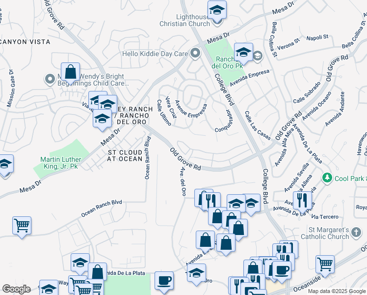 map of restaurants, bars, coffee shops, grocery stores, and more near 1189 Via Candelas in Oceanside