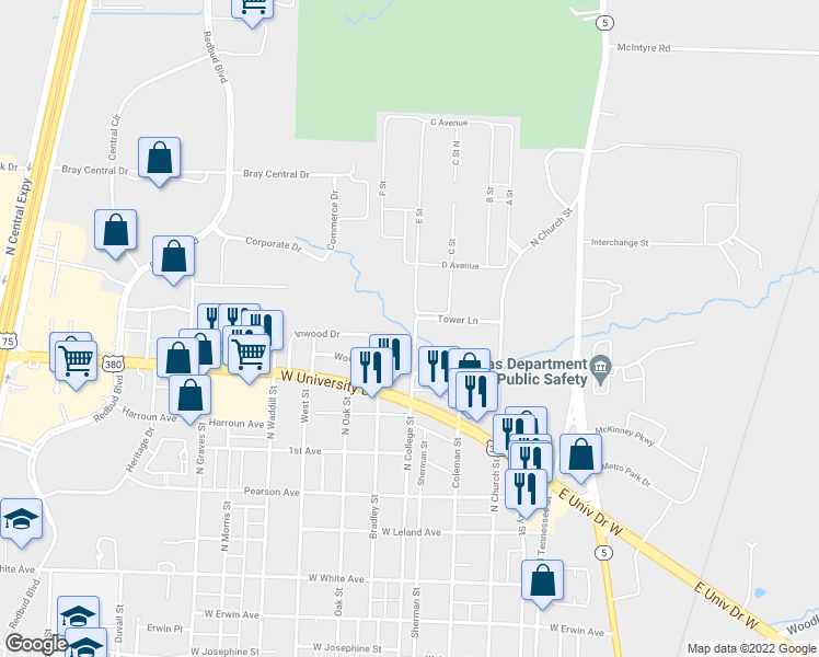 map of restaurants, bars, coffee shops, grocery stores, and more near 1910 North College Street in McKinney