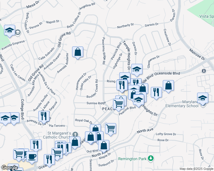 map of restaurants, bars, coffee shops, grocery stores, and more near 4712 Rim Rock Road in Oceanside