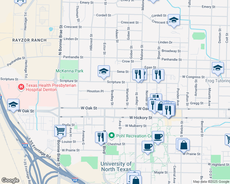 map of restaurants, bars, coffee shops, grocery stores, and more near 1915 Houston Place in Denton