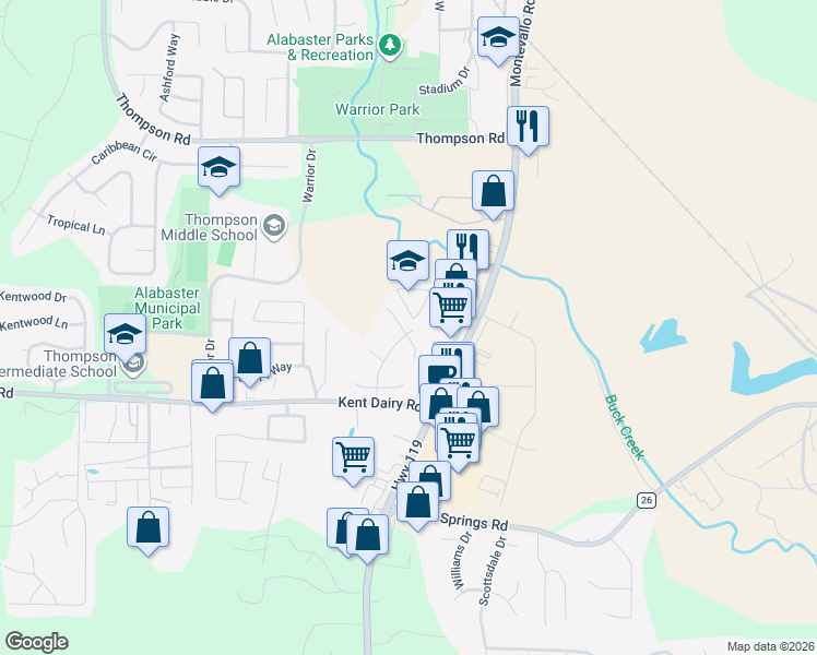 map of restaurants, bars, coffee shops, grocery stores, and more near 532 Buck Creek Lane in Alabaster