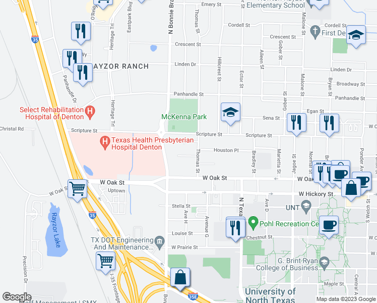 map of restaurants, bars, coffee shops, grocery stores, and more near 2310 Houston Place in Denton