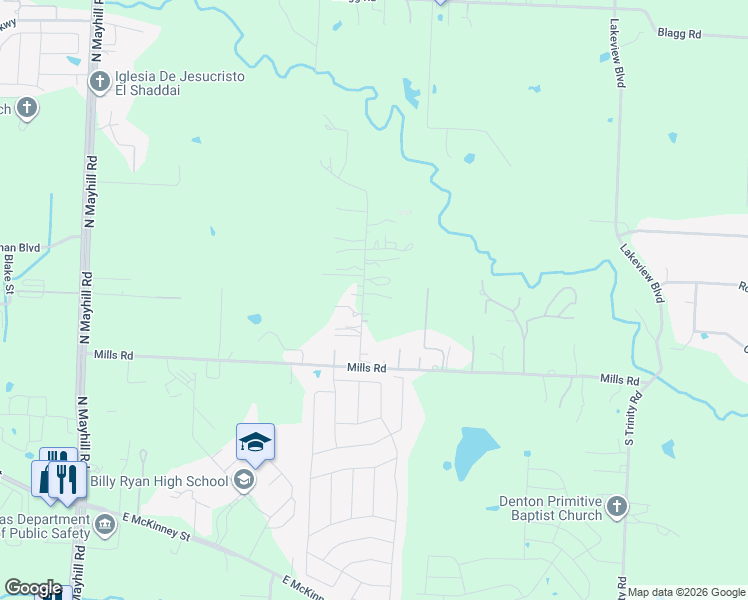 map of restaurants, bars, coffee shops, grocery stores, and more near 160 Cunningham Road in Denton