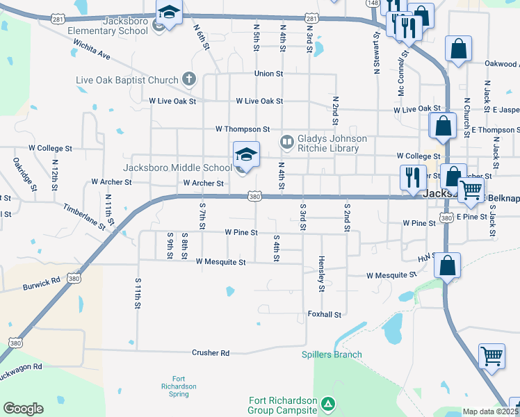 map of restaurants, bars, coffee shops, grocery stores, and more near 115 South 5th Street in Jacksboro