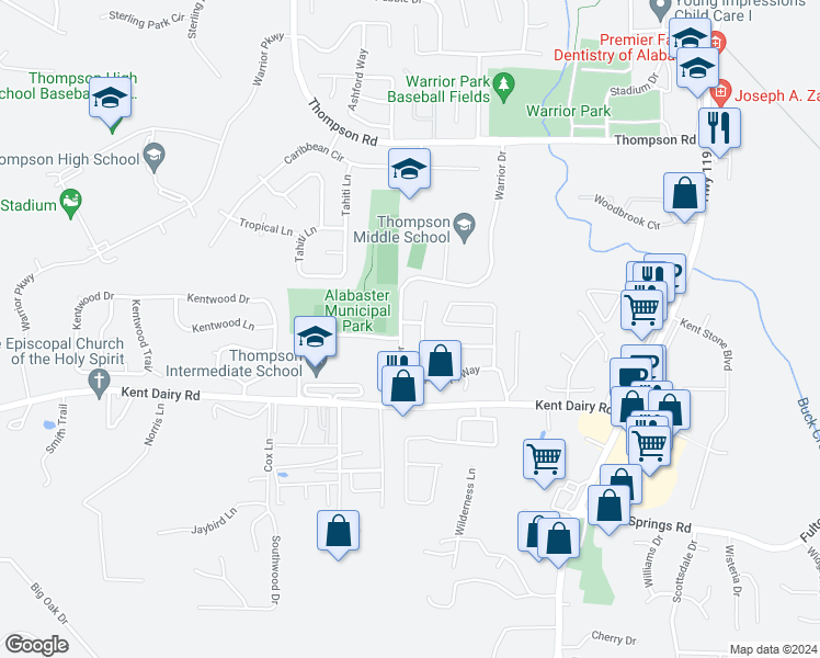 map of restaurants, bars, coffee shops, grocery stores, and more near 517 Warrior Drive in Alabaster