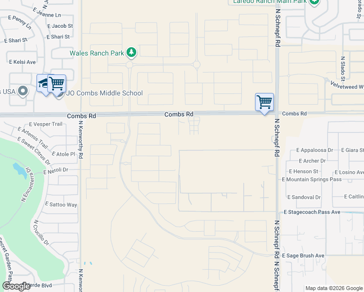 map of restaurants, bars, coffee shops, grocery stores, and more near 2668 Horse Mesa Trail in Queen Creek