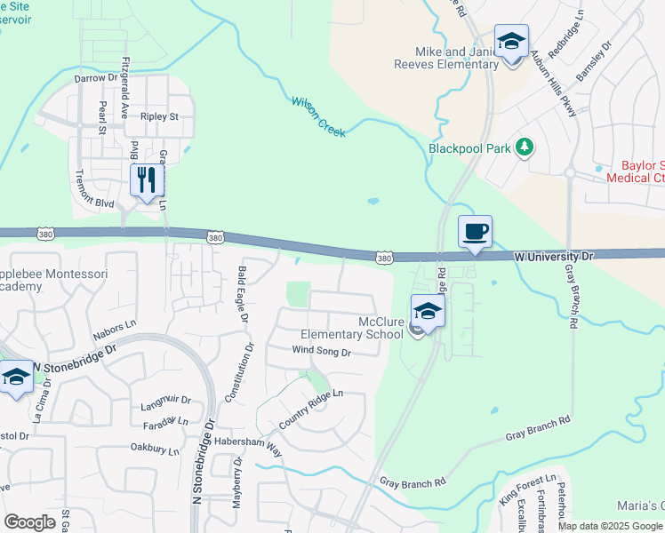 map of restaurants, bars, coffee shops, grocery stores, and more near 6551 West University Drive in McKinney