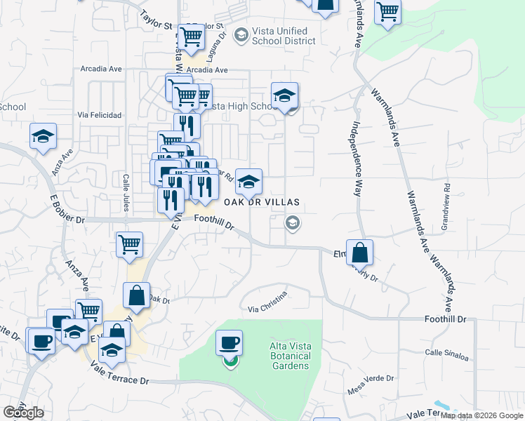map of restaurants, bars, coffee shops, grocery stores, and more near 1372 Isabella Way in Vista