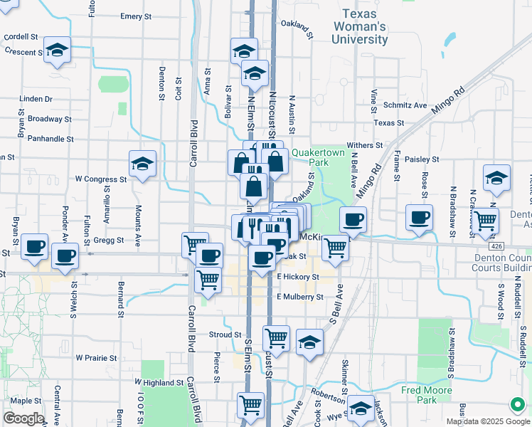 map of restaurants, bars, coffee shops, grocery stores, and more near 317 North Locust Street in Denton