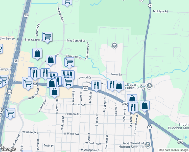 map of restaurants, bars, coffee shops, grocery stores, and more near 823 Inwood Drive in McKinney