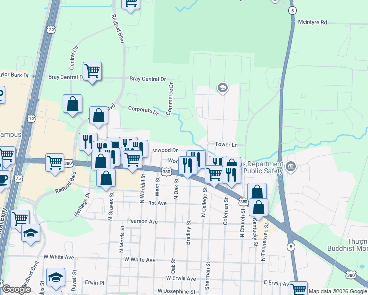 map of restaurants, bars, coffee shops, grocery stores, and more near 818 Inwood Drive in McKinney