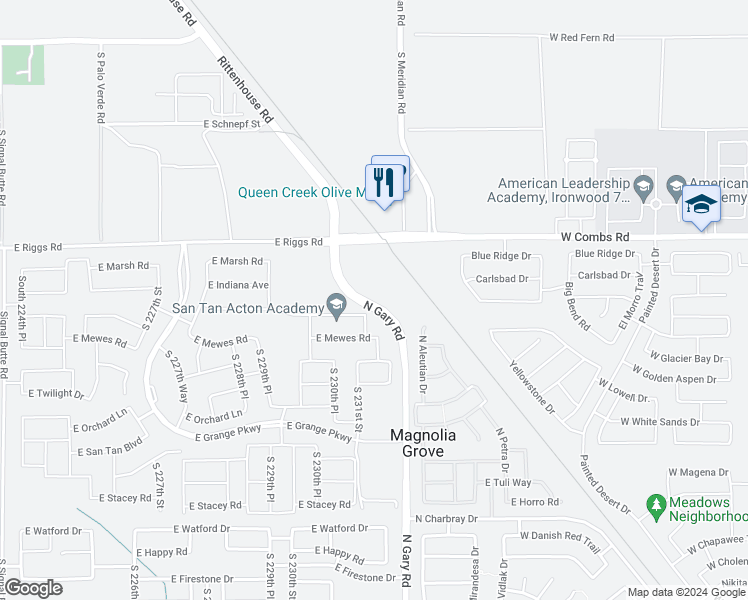 map of restaurants, bars, coffee shops, grocery stores, and more near South Rittenhouse Road in Queen Creek