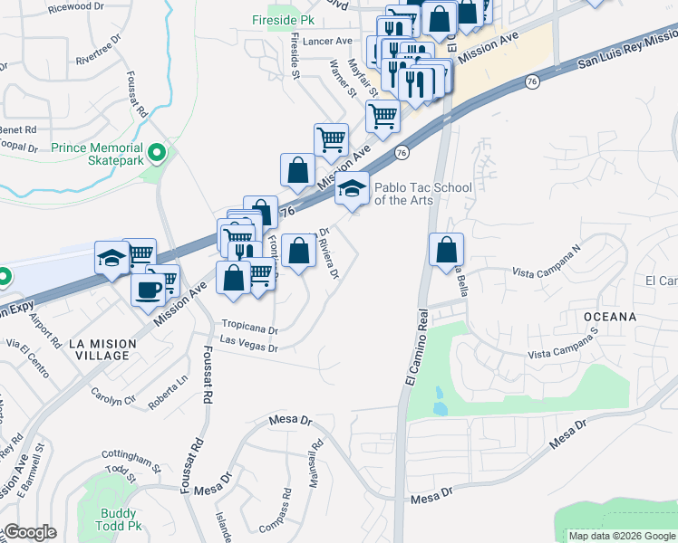 map of restaurants, bars, coffee shops, grocery stores, and more near 3503 Las Vegas Drive in Oceanside