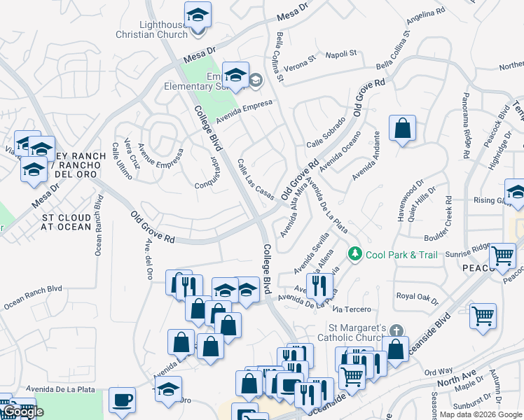 map of restaurants, bars, coffee shops, grocery stores, and more near 1704 Corte Viejo in Oceanside