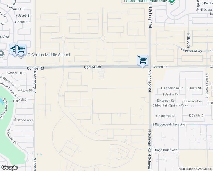 map of restaurants, bars, coffee shops, grocery stores, and more near 2842 Horse Mesa Trail in Queen Creek