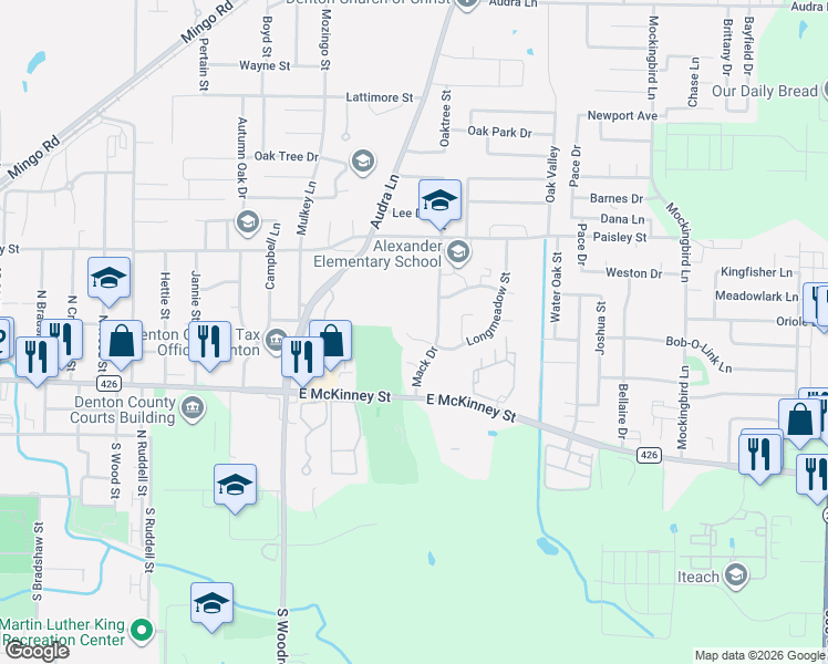 map of restaurants, bars, coffee shops, grocery stores, and more near 2009 Longmeadow Court in Denton