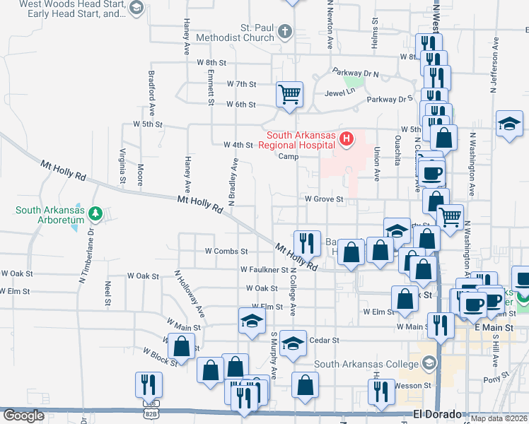 map of restaurants, bars, coffee shops, grocery stores, and more near 633 North Murphy Avenue in El Dorado