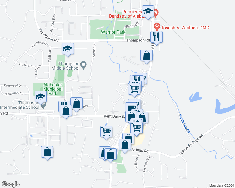 map of restaurants, bars, coffee shops, grocery stores, and more near 549 Buck Creek Lane in Alabaster