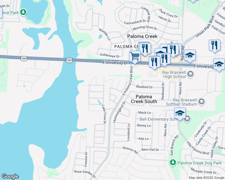 map of restaurants, bars, coffee shops, grocery stores, and more near 1204 Kittyhawk Drive in Little Elm