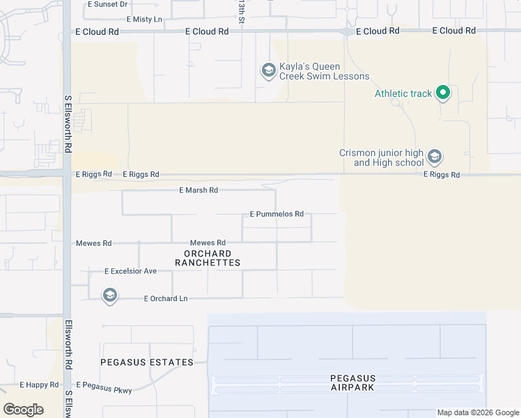 map of restaurants, bars, coffee shops, grocery stores, and more near 21338 East Pummelos Road in Queen Creek