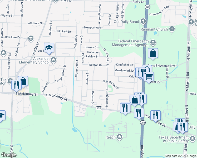 map of restaurants, bars, coffee shops, grocery stores, and more near 3009 Bob-O-Link Lane in Denton