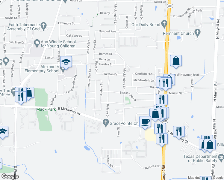 map of restaurants, bars, coffee shops, grocery stores, and more near 3005 Bob-O-Link Lane in Denton