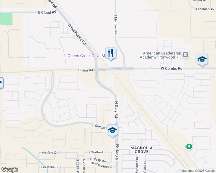 map of restaurants, bars, coffee shops, grocery stores, and more near South Rittenhouse Road in Queen Creek