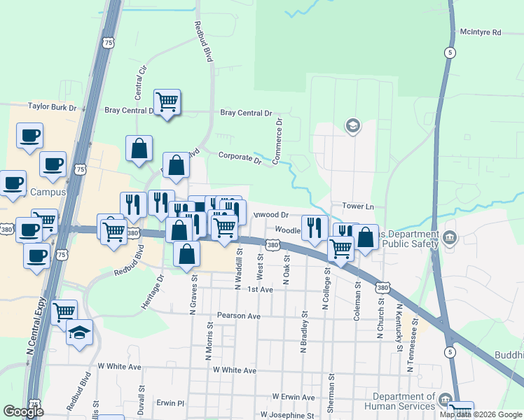 map of restaurants, bars, coffee shops, grocery stores, and more near 1913 West Way in McKinney