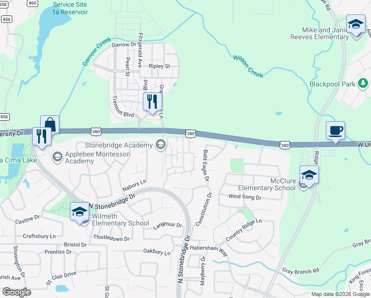 map of restaurants, bars, coffee shops, grocery stores, and more near 1920 Grassmere Lane in McKinney