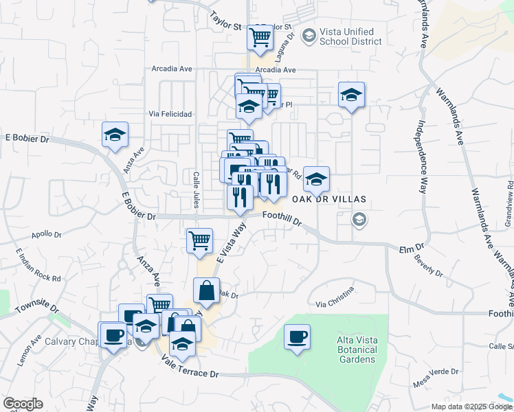 map of restaurants, bars, coffee shops, grocery stores, and more near 1213 East Vista Way in Vista