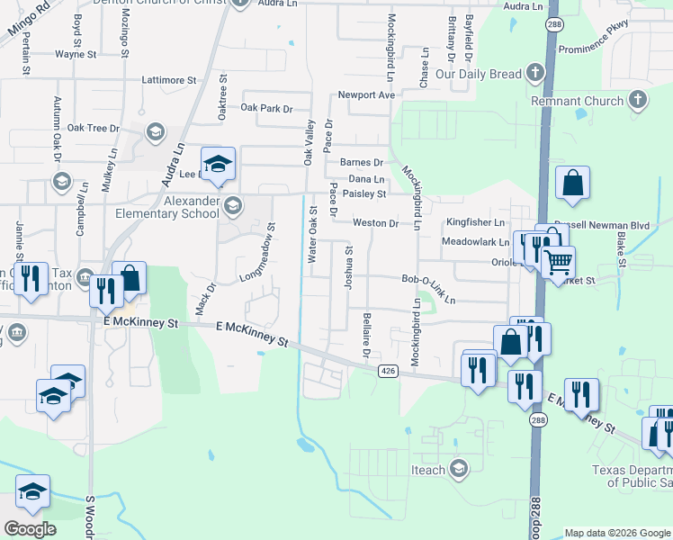 map of restaurants, bars, coffee shops, grocery stores, and more near 2809 Silver Sage Drive in Denton