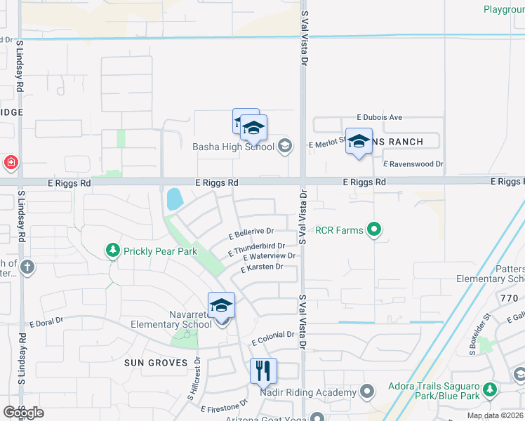 map of restaurants, bars, coffee shops, grocery stores, and more near 4882 East Cherry Hills Drive in Chandler