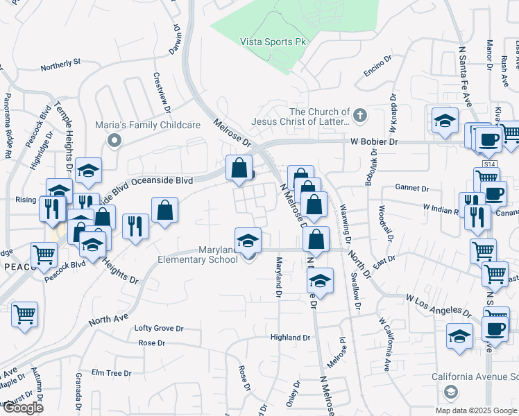 map of restaurants, bars, coffee shops, grocery stores, and more near 1401 North Melrose Drive in Vista