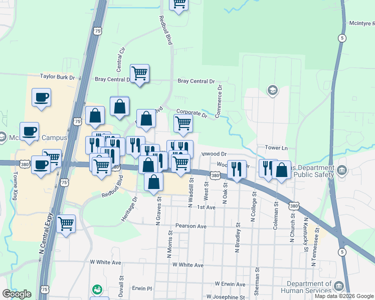 map of restaurants, bars, coffee shops, grocery stores, and more near 1401 Wysong Drive in McKinney