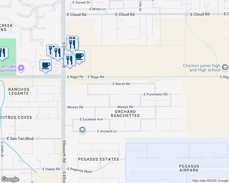 map of restaurants, bars, coffee shops, grocery stores, and more near 21118 East Pummelos Road in Queen Creek