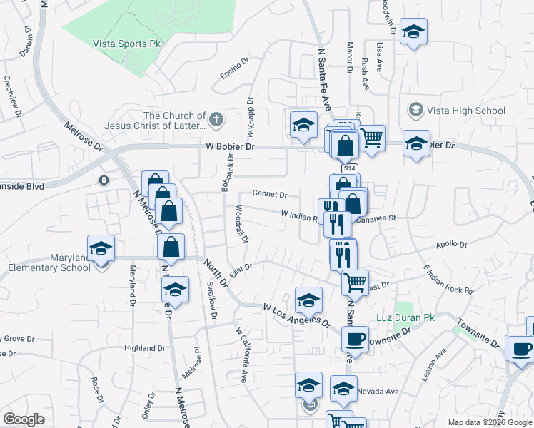 map of restaurants, bars, coffee shops, grocery stores, and more near 277 Puffin Drive in Vista