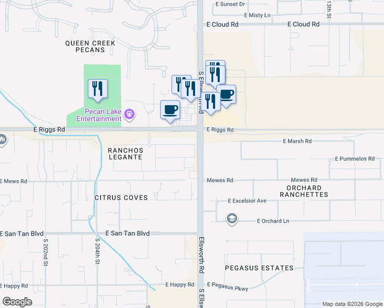 map of restaurants, bars, coffee shops, grocery stores, and more near 20771 Indiana Avenue in Queen Creek