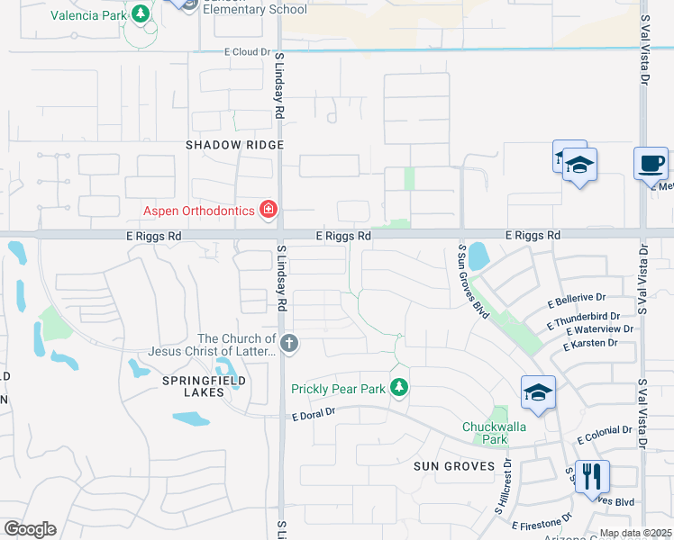 map of restaurants, bars, coffee shops, grocery stores, and more near 6086 South Pearl Drive in Chandler