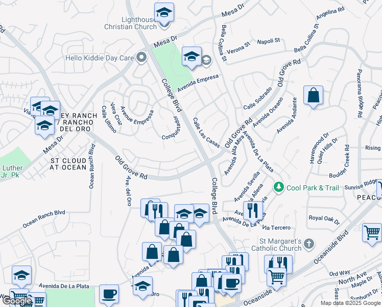 map of restaurants, bars, coffee shops, grocery stores, and more near 1257 Via Candelas in Oceanside