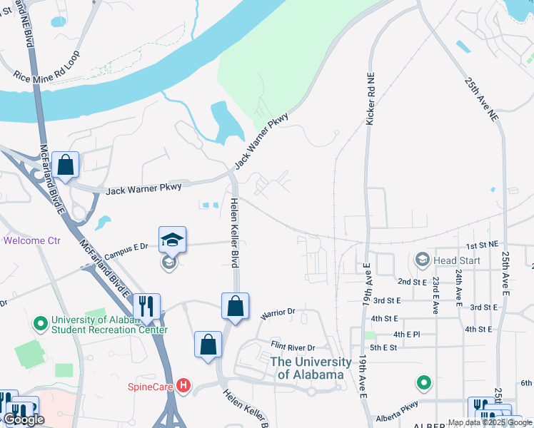 map of restaurants, bars, coffee shops, grocery stores, and more near 219-299 Helen Keller Boulevard in Tuscaloosa